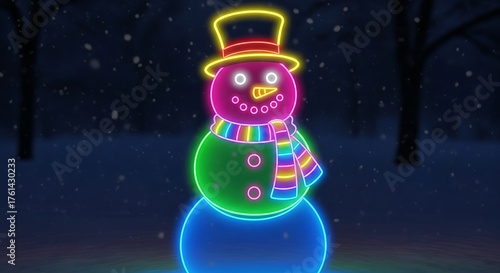 Neon Snowman in Winter Night Scene.