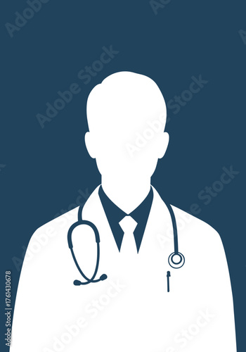Generic doctor silhouette wearing a stethoscope on blue background  