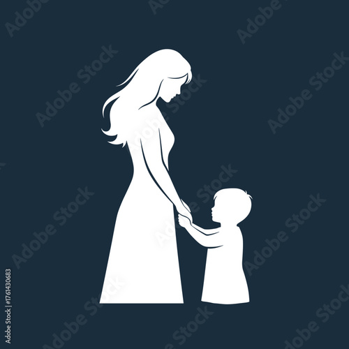 Silhouette of mother and child holding hands against dark background  