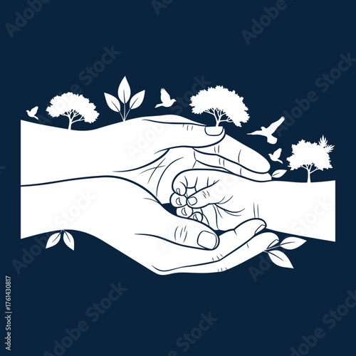 Hands holding a child's hand with nature elements in background  