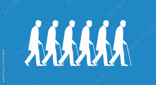Senior man walking with cane in sequential movement on blue background  