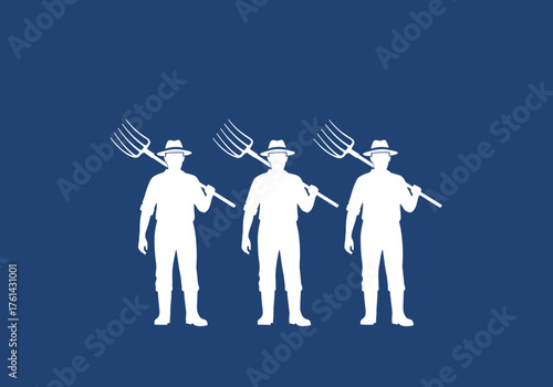 Three farmers standing with pitchforks on blue background  
