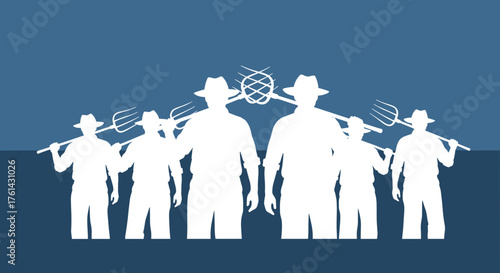 Group of farmers carrying pitchforks in silhouette against backdrop  