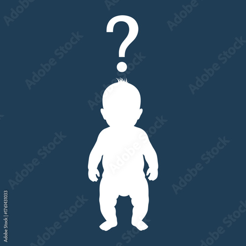 Baby silhouette with question mark on dark background  