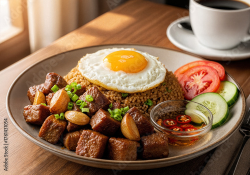 A classic Filipino dish featuring savory fried rice topped with a sunny-side-up egg, tender pork cubes with garlic, fresh cucumber and tomato slices, and a side of spicy vinegar dipping sauce.