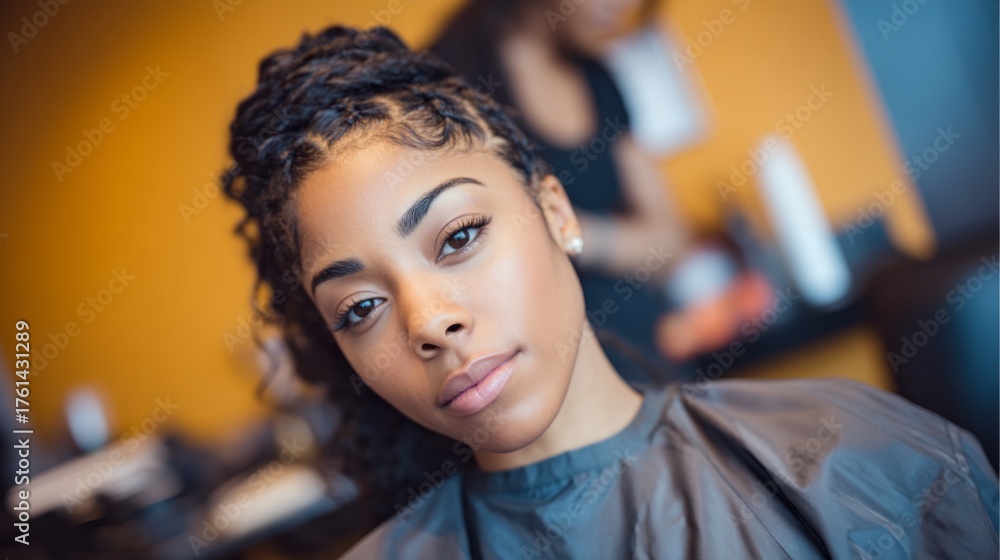 Obraz premium A woman with dark hair and a dark shirt is sitting in a salon chair