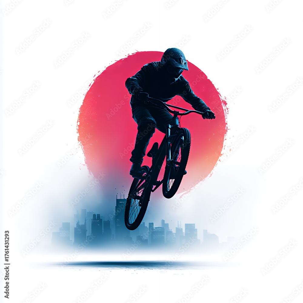 Fototapeta premium BMX Rider Silhouette with Urban Sunset Art Design