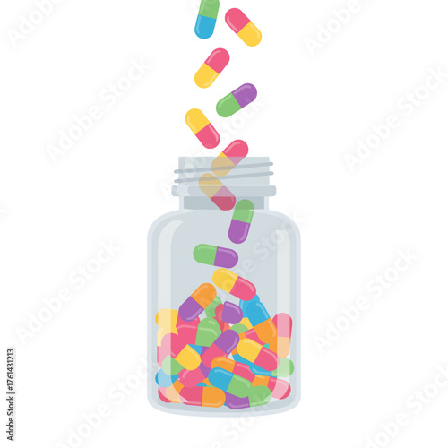 A clear plastic bottle filled with colorful capsules, with more capsules falling into it from above.