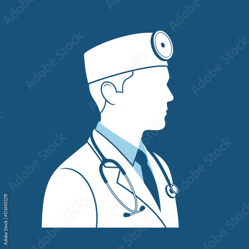 Doctor in profile wearing a stethoscope against blue background  