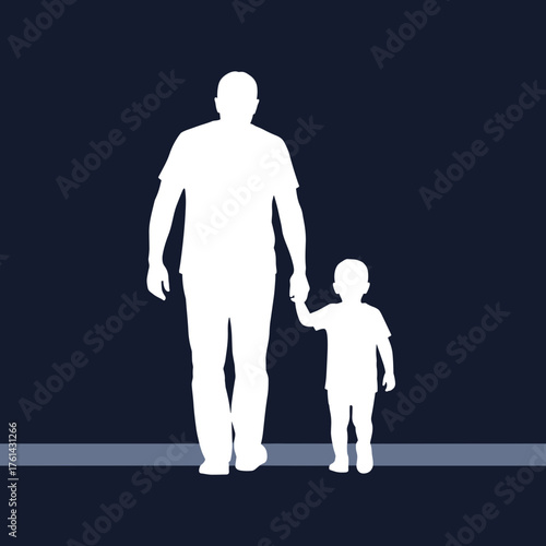 Silhouette of man holding child's hand walking on dark background  