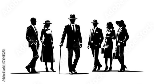 Silhouette of six stylish individuals posing in vintage fashion attire  