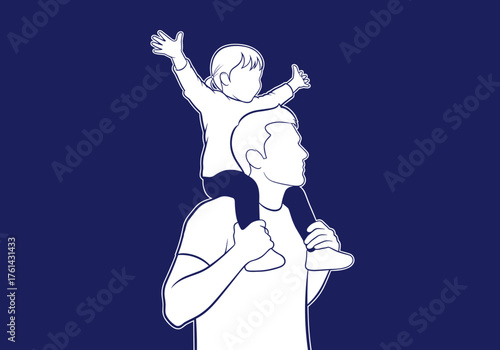 Father carrying child on shoulders with arms raised in excitement  