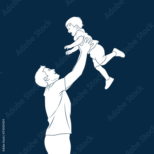 Father lifting child in joyful moment against dark blue background  