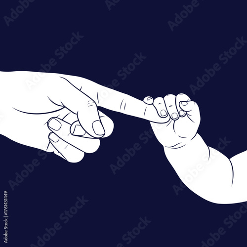 Adult hand reaching for baby hand in minimalist line art style  