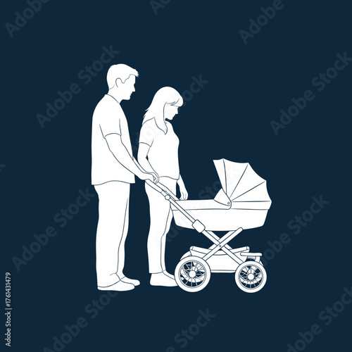Parents pushing baby stroller while standing on dark background  