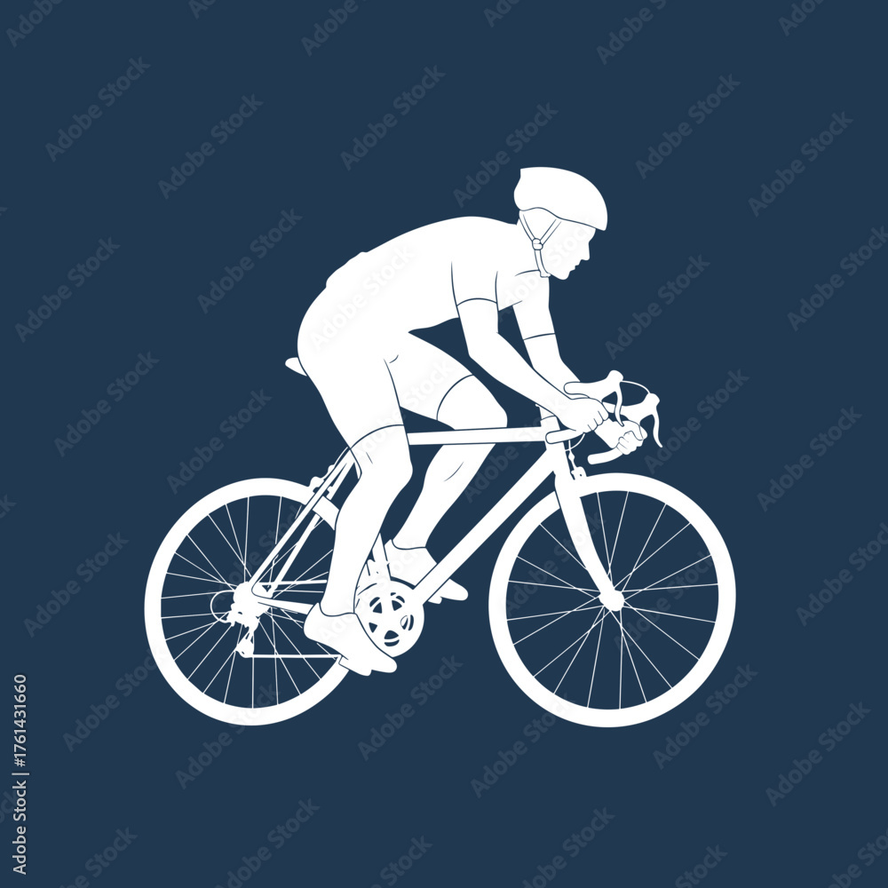 Fototapeta premium Cyclist riding a bike in minimalist style on dark blue background 