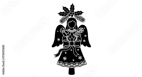 Black silhouette of a Christmas angel holding candy canes and gifts