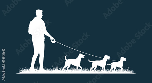 Man walking three dogs on a leash in a grassy area  