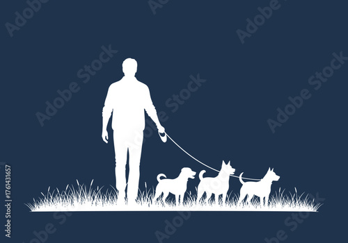 Man walking three dogs on grass against dark blue background  