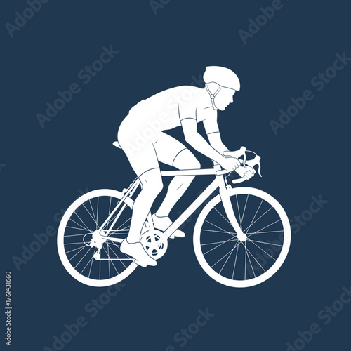 Cyclist riding a bike in minimalist style on dark blue background  