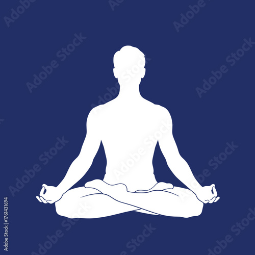 Outline of a meditating man in lotus position on dark blue background  