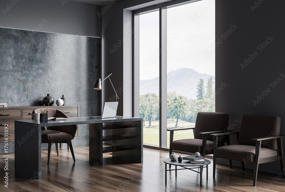 Fototapeta premium Contemporary office space with dark desk, armchairs, and decor in realistic 3D Rendering style, featuring scenic mountain view through large window