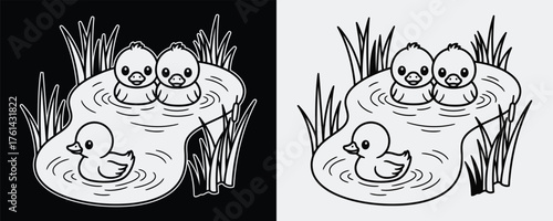 Adorable duck family swimming in a pond with reeds
