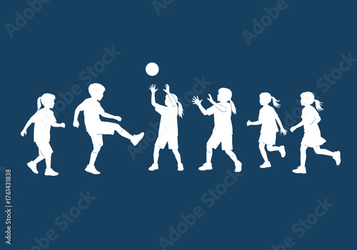 Children playing soccer silhouette against a dark blue background  