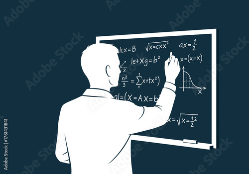 Man writing mathematical equations on chalkboard in classroom  