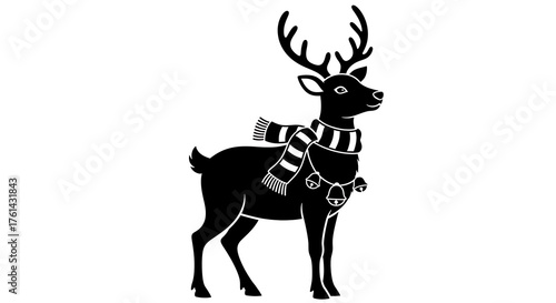 Black silhouette reindeer with striped scarf and bells