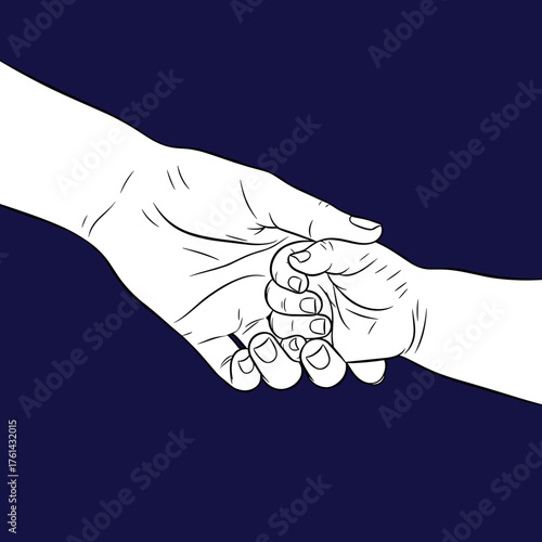 Adult hand holding small child's hand on dark background  