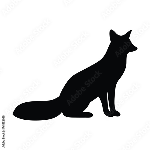 Silhouette of a seated fox against a white background in profile
