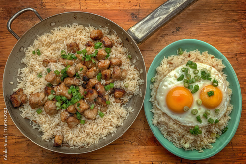 White rice with stewed meat, herbs and fried eggs, drizzled with aromatic sauce. An elegant Asian dish.