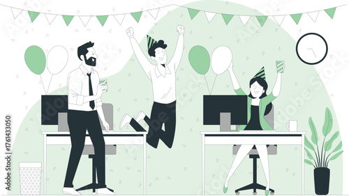 Office celebration with people jumping and holding drinks and balloons Keywords: office, celebration, party, happy, joy, success, achievement, teamwork, colleagues, coworkers, jumping, dancing