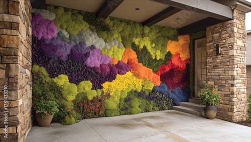 Vibrant, textured living moss wall bursts with rainbow colors, transforming an exterior entryway into a natural art installation