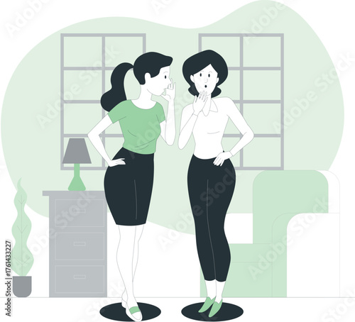 Two Women Whispering Secrets and Gossiping in a Living Room Setting Keywords: whispering, secrets, gossip, rumor, conversation, sharing, surprise, shock, women, female, friends, communication