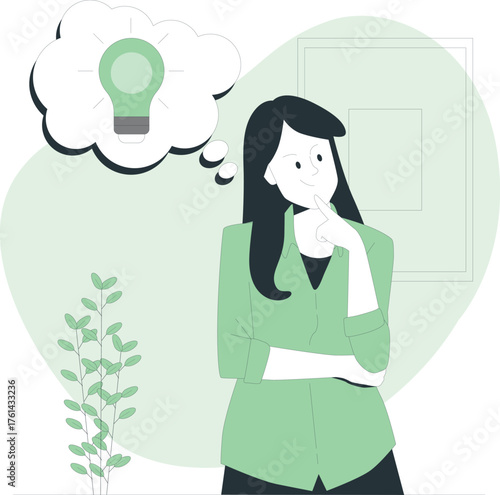 Woman thinking with a lightbulb idea in a thought bubble and a plant nearby Keywords: idea, thinking, thought, lightbulb, inspiration, creativity, innovation, concept, solution, brainstorm, woman
