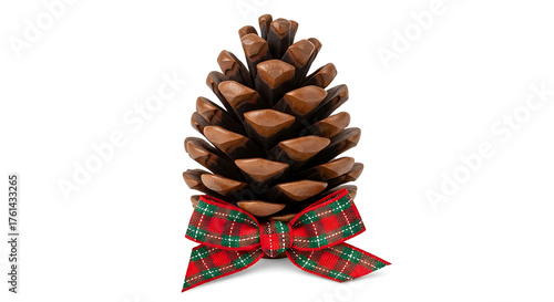 Brown pinecone with red green plaid bow on white background