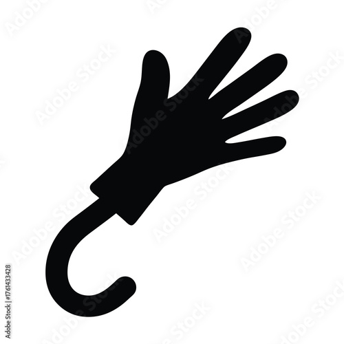 Black stylized hand with a curved hook like handle on white background