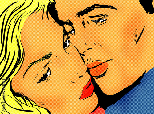 pop art couple amour sensualité gros plan une femme nostalgique et un homme amoureux qui l'embrasse tendrement sur la joue