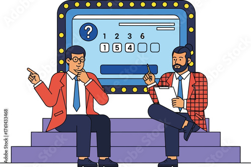 Game show interview panel with contestant and host illustration