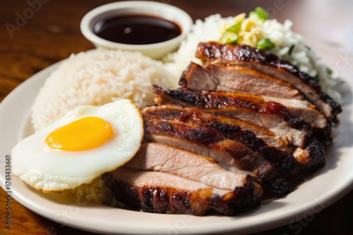 Steamed rice with fried egg and juicy pork, inspired by Filipino and Japanese cuisine. A perfect comfort meal.