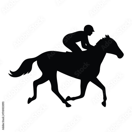 Silhouette of a horse and jockey racing, isolated on white background
