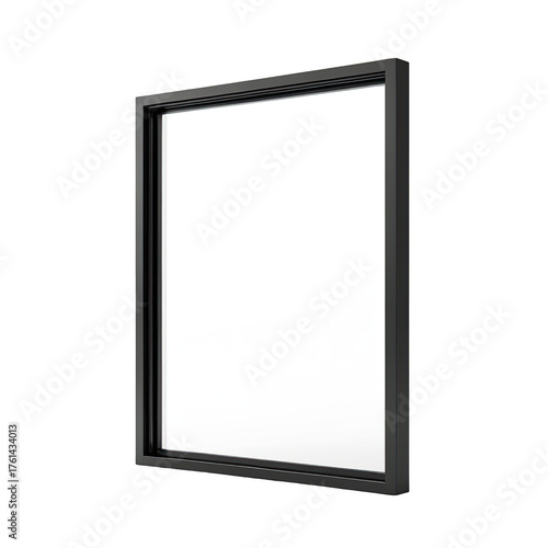 Square window with a dark frame on a black background, angled view