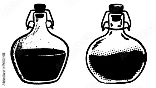 two vintage glass bottles filled with dark liquid, symbolizing potion, chemistry, alchemy, or old medicine.