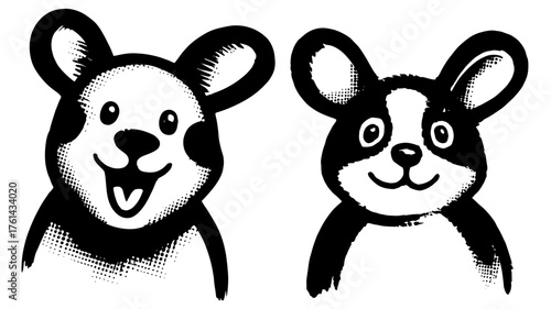 two smiling cartoon bear faces with friendly expressions, symbolizing innocence, joy, and playful character design.
