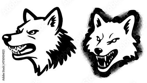 two snarling wolf heads showing aggression and strength, symbolizing wild nature, power, and dominance.
