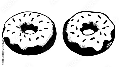 Black and white cartoon illustration of two donuts topped with white frosting and dark sprinkles, representing sweetness and playful design.