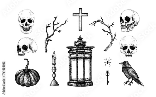 Halloween set pumpkin, skulls, crow, vintage lantern and candelabrum, cross, spider and dry branches. Graphic illustration without white background. Vector object for autumn festive packaging decor.