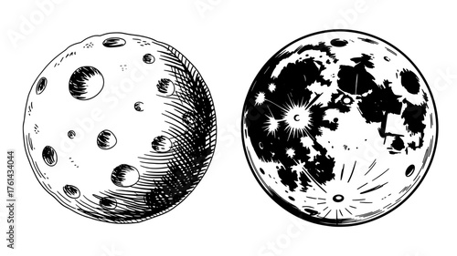 two illustrations of the moon, one detailed with craters and the other a silhouette highlighting lunar features.